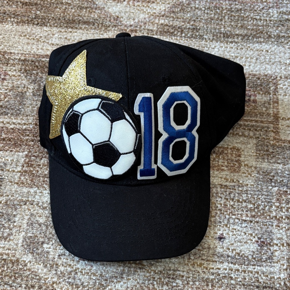 Kids Black Soccer Number 18 Baseball Cap with Gold Star Accent
